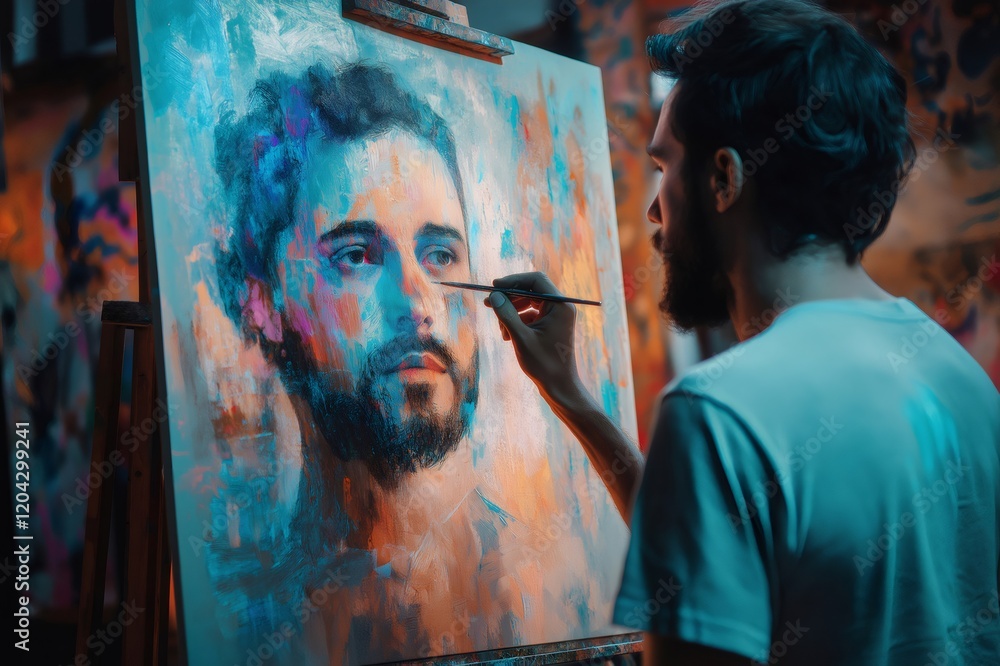 Poster painter skillfully applying vibrant colors with a brush on a large canvas, creating stunning artwork