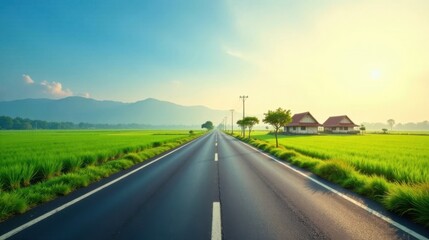Fototapeta premium Asphalt road stretching towards distant mountains, flanked by vibrant green rice paddies and tranquil houses bathed in morning sunlight.