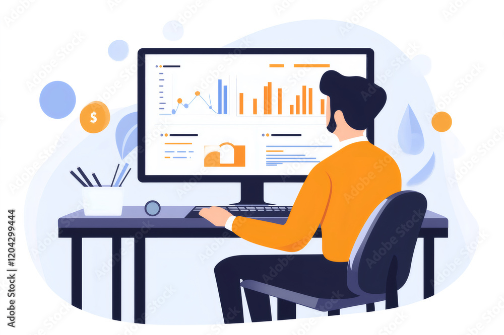 Aufkleber businessman working with statistical business charts and diagrams, analyzing financial and marketing
