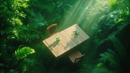 Naklejka premium Cozy outdoor dining setup under warm sunlight rustic table surrounded by greenery aerial view nature concept