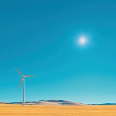 Obraz premium Wind turbine in sunny field renewable energy in action clear blue sky wide-angle shot