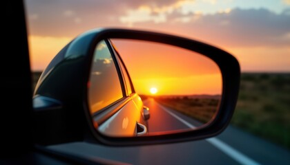 Sunset reflected in car mirror. Golden hour drive on highway. Beautiful landscape view. Travel journey concept. Evening scene. Warm light. Nature view.