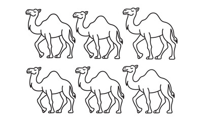 Outline Illustrations of Camels in Different Poses
Black and white outline illustrations of camels in walking poses, perfect for desert and wildlife themes.