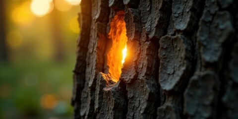 Obraz premium Golden Sunset Light Shining Through a Rough Tree Trunk Hole in a Forest
