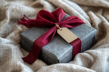 Gray gift box with a burgundy ribbon and blank tag sits on a beige blanket.