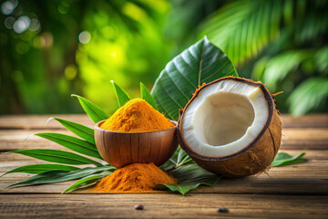 Fresh coconut with turmeric powder on rustic wooden table, AI Generation