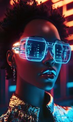 Cyberpunk woman with futuristic LED glasses	