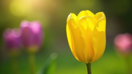A Single Yellow Tulip in Soft Sunlight with Blurred Purple Background Flowers