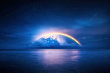 Vivid rainbow over ocean during twilight with dramatic clouds. Represents hope, renewal, and beauty.