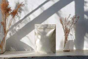 A white bag sits on a table next to a vase of dried flowers. Generative Ai.