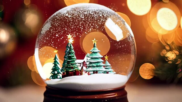 Schneekugel, Weihnachtsschneekugel innen mit Miniaturhaus und B&auml;umen, Weihnachtsdeko, Schneeflocken, Generative AI