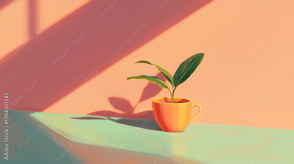 Poster minimalist workspace with plant serene environment eye-level view clean lines and soft lighting for 