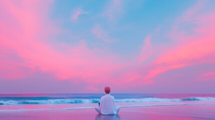Fototapeta premium Remote worker enjoying beachside laptop setup at vibrant sunset balancing work and travel in serene environment