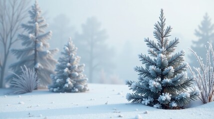 Fototapeta premium Serene Winter Landscape A Frosty Evergreen in a Snowy Meadow, Surrounded by Gently Blurred Conifers Under a Pale Sky