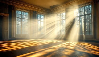 A large room with large windows and light shining through, creating beautiful rays of sunlight on the wooden floor.
