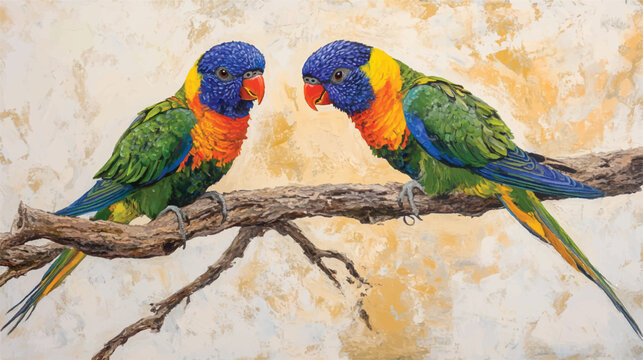 Adobe Illustrator AA vibrant artwork shows two rainbow lorikeets perched on a branch.rtwork