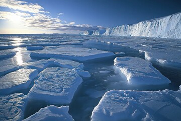 A vast landscape of melting polar ice caps with cracks and melting water streams, highlighting the effects of climate change.