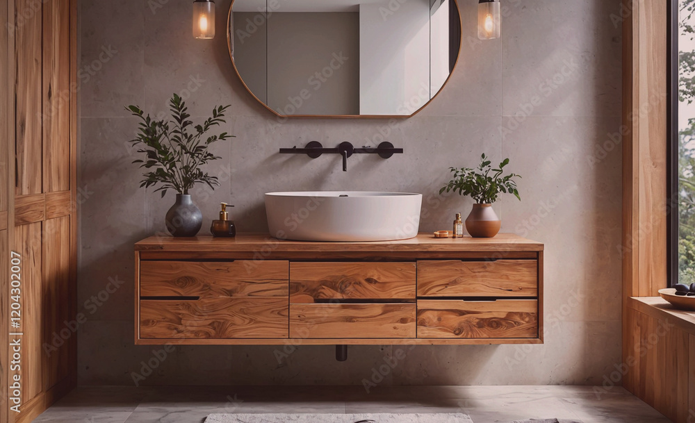 Aufkleber a bathroom with a sink and a mirror. the sink is white and the mirror is round. there are potted pla