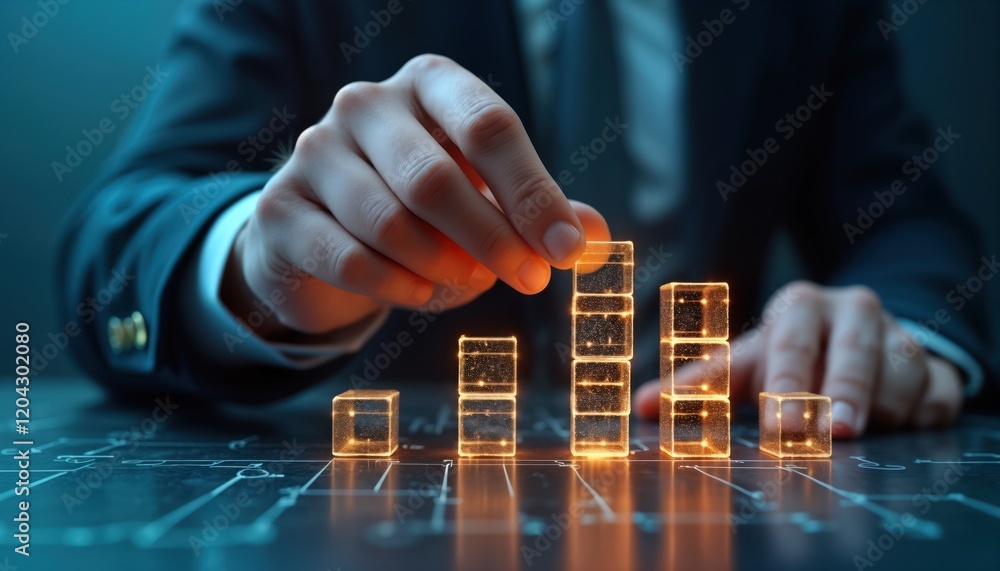 Leinwandbilder businessman constructs digital blocks growth. visualizes business development in tech environment. r