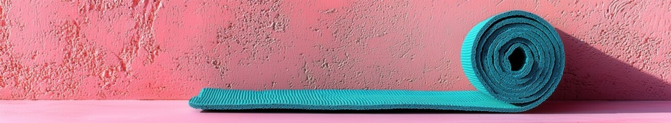 Rolled turquoise yoga mat on pink concrete background for fitness and wellness