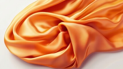 Obraz premium Silky orange fabric, flowing texture, soft folds, luxurious satin, golden amber hue, smooth drapery, elegant textile, fashion photography, studio lighting, high contrast, macro detail, white backgroun