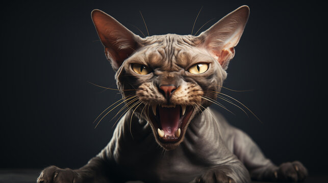 A Sphynx cat in a defensive pose, with its eyes wide open and teeth bared