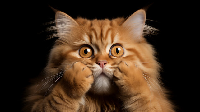 The cat expresses a feeling of embarrassment or fear, holding its paws to its cheeks