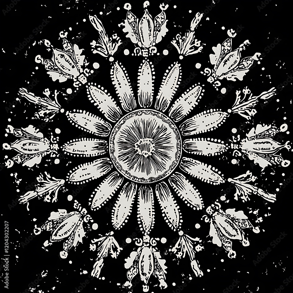 Poster intricate black and white floral mandala design featuring detailed patterns and shapes, creating har