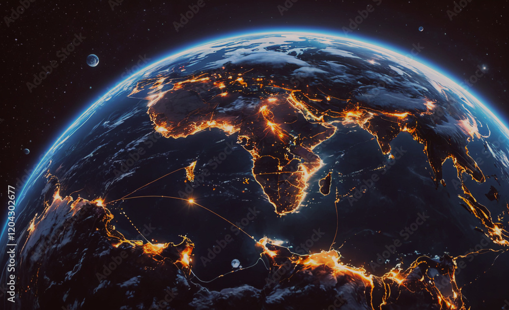 Poster a globe with a dark blue background and a bright orange and yellow spot in the middle. the globe is 