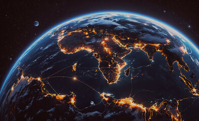 A globe with a dark blue background and a bright orange and yellow spot in the middle. The globe is lit up with a warm glow, giving it a peaceful and serene atmosphere