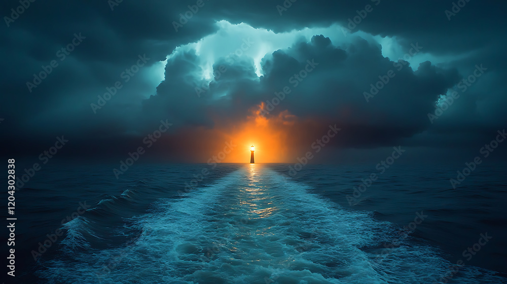 Poster distant lighthouse shines brightly through dark clouds, illuminating sea. waves create serene path l