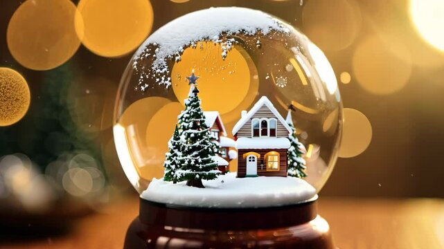 Schneekugel, Weihnachtsschneekugel innen mit Miniaturhaus und B&auml;umen, Weihnachtsdeko, Schneeflocken, Generative AI