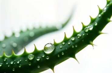 Naklejka premium Close-up view of vibrant green aloe vera leaf. Tiny water droplets cling to leaf after rain shower. Water droplets add glistening beauty to succulent plants texture. Natural freshness, hydration