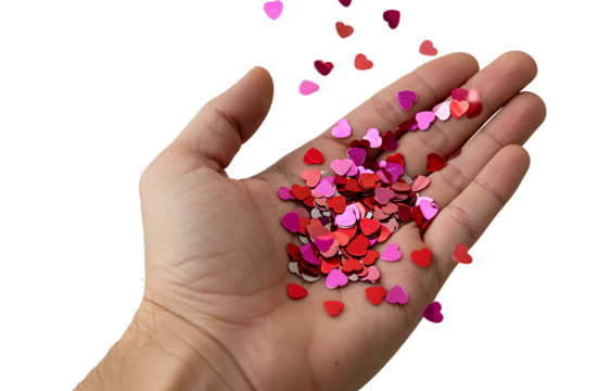 Hand Releasing Pink and Red Heart Confetti on Transparent Background – Perfect for Love and Celebration Themes