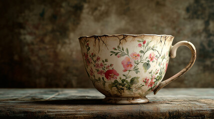 Close-up of a cracked ceramic teacup, delicate floral patterns, visible glaze texture, resting on a rustic table, photorealistic lighting