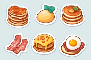 Set of colorful stickers featuring delicious breakfast food items including pancakes, bacon, eggs, and syrup