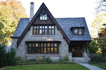 Fototapeta premium Nestled in a serene neighborhood, this charming historic stone cottage features beautiful wood accents and expansive windows that showcase the stunning autumn foliage all around