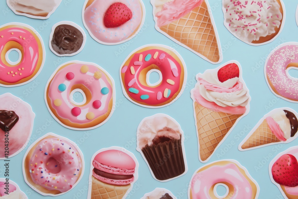 Poster flat lay of various dessert themed stickers arranged on a light blue background, creating a playful 