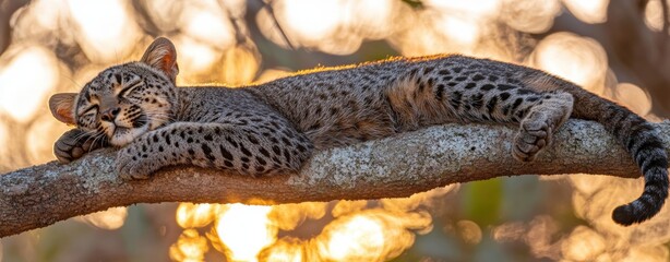 Naklejka premium Peaceful Ocelot Kitten Resting on Tree Branch at Golden Hour