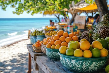 A vibrant beach market with tropical fruits and handmade crafts.