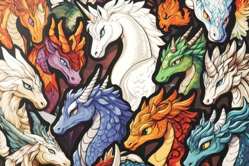 Fototapeta premium Vibrant stickers featuring mythical creatures like unicorns and dragons, adding a fantasy touch to any project