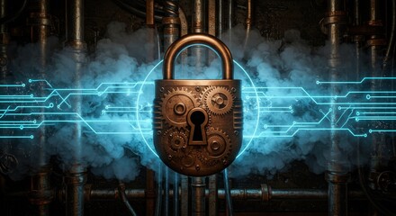 A secure bronze lock with visible gears sits in a smoky, industrial steampunk setting, accented by glowing blue circuit lines representing digital security. Perfect for cybersecurity, technology, and 