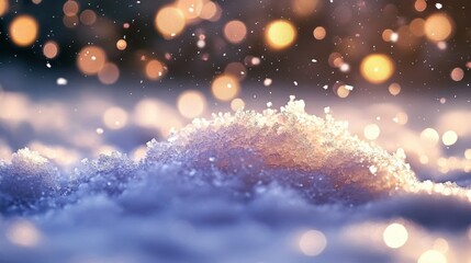 Winter landscape, glowing golden bokeh lights, snow mounds, starry night sky, magical atmosphere, macro photography, depth of field, warm and cold contrast, ethereal, dreamy scene, sparkling snowflake