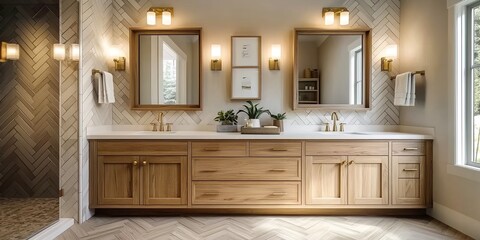 A farmhouse bathroom with natural wood cabinets, herringbone tile backsplash