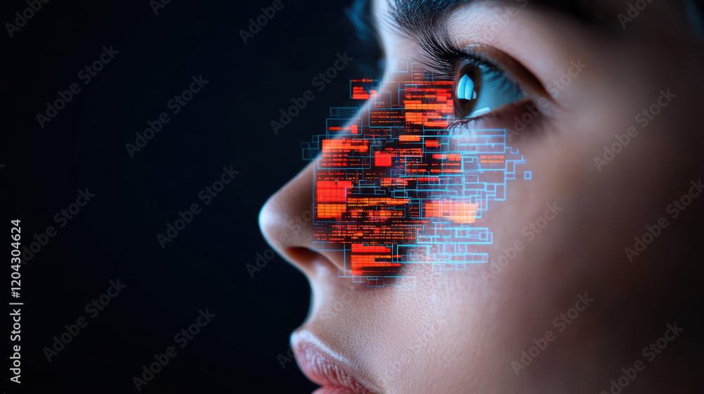 Poster digital face with data visualization and technology elements