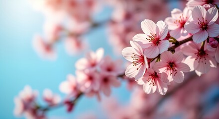 Beautiful pink cherry blossoms bloom in spring. Soft focus on flowers in sunlight. Blooming branches against blurred background of pastel blue yellow, white bokeh. Natural garden scenery. Perfect for