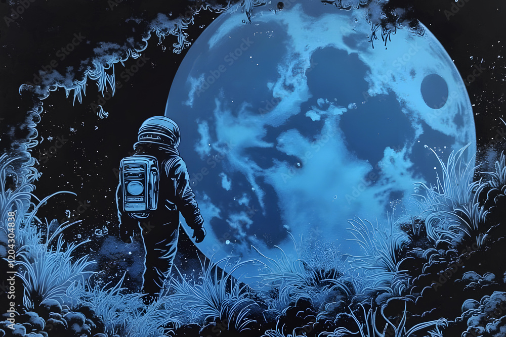 Canvas Prints the back of an astronaut exploring a strange planet. pink planets in the background. science fiction