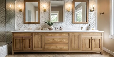 A farmhouse bathroom with natural wood cabinets, herringbone tile backsplash