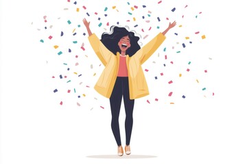 Joyful woman with open arms throwing colorful confetti in the air celebrating a special event or a successful achievement