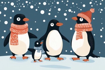 Obraz premium Adorable penguin family wearing cozy scarves and hats, happily enjoying a snowy winter day filled with soft snowfall and chilly air